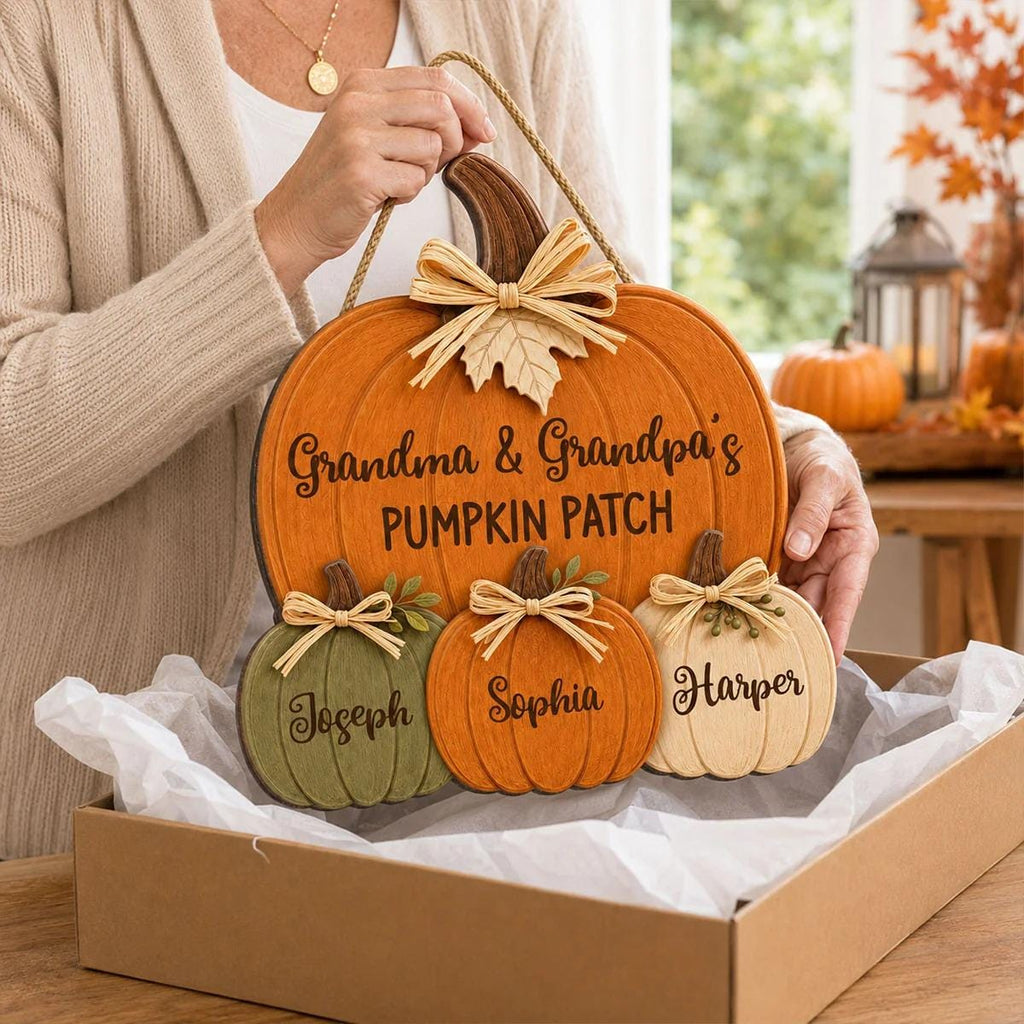 Personalized Grandma Grandpa's Pumpkin Patch Door Hanger, Fall Season Decor, Fall Pumpkin Patch Sign Grandma Thanksgiving Decor