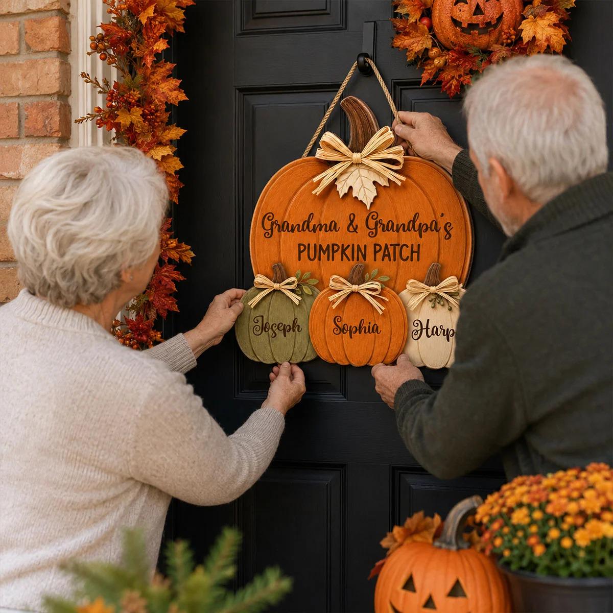 Personalized Grandma Grandpa's Pumpkin Patch Door Hanger, Fall Season Decor, Fall Pumpkin Patch Sign Grandma Thanksgiving Decor