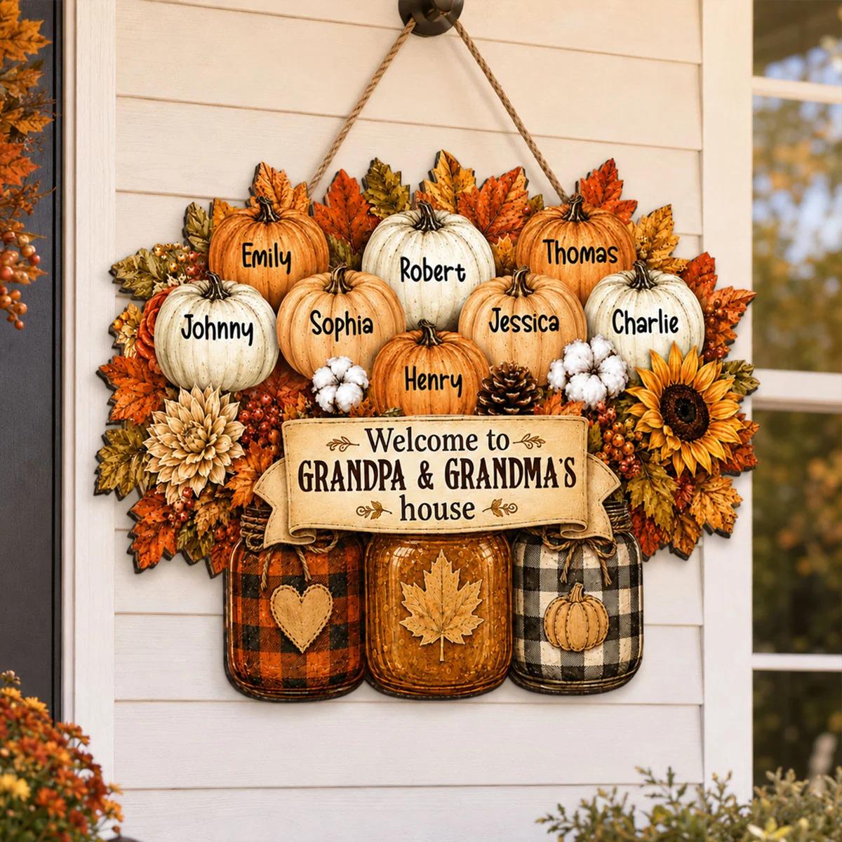 Personalized Cozy Warm Fall Season Mason Jars Pumpkins Welcome To Grandma Grandpa House Wood Sign, Fall Decoration For Grandparents