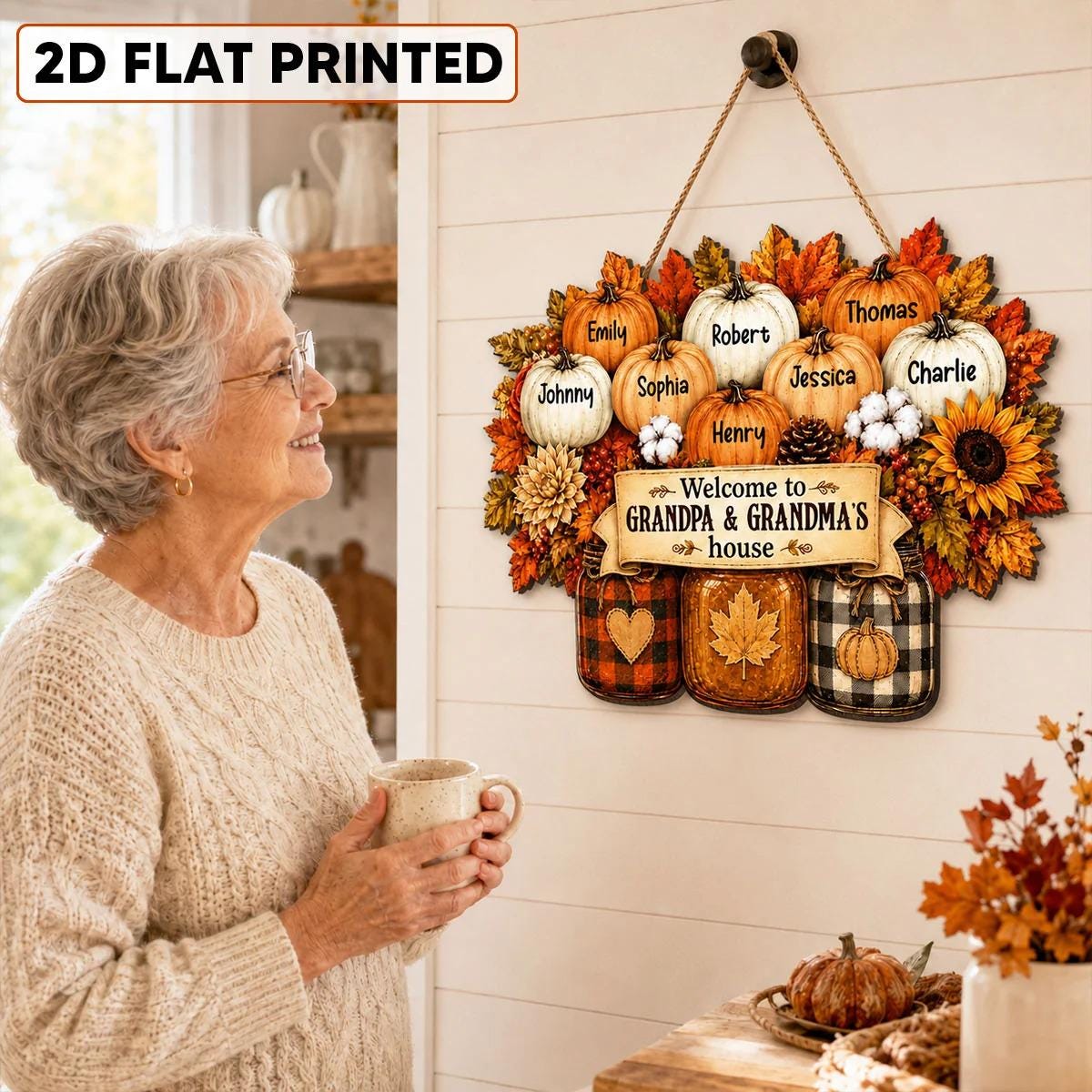 Personalized Cozy Warm Fall Season Mason Jars Pumpkins Welcome To Grandma Grandpa House Wood Sign, Fall Decoration For Grandparents
