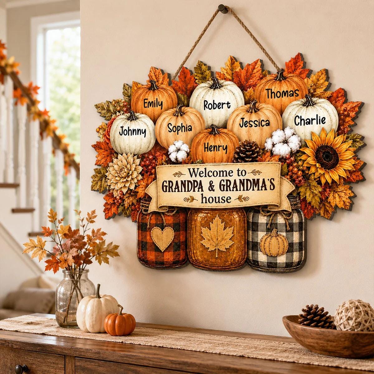 Personalized Cozy Warm Fall Season Mason Jars Pumpkins Welcome To Grandma Grandpa House Wood Sign, Fall Decoration For Grandparents