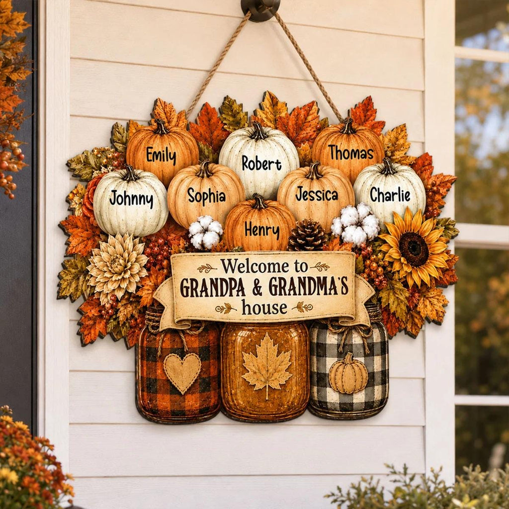 Personalized Cozy Warm Fall Season Mason Jars Pumpkins Welcome To Grandma Grandpa House Wood Sign, Fall Decoration For Grandparents