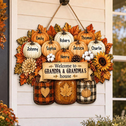 Personalized Cozy Warm Fall Season Mason Jars Pumpkins Welcome To Grandma Grandpa House Wood Sign, Fall Decoration For Grandparents