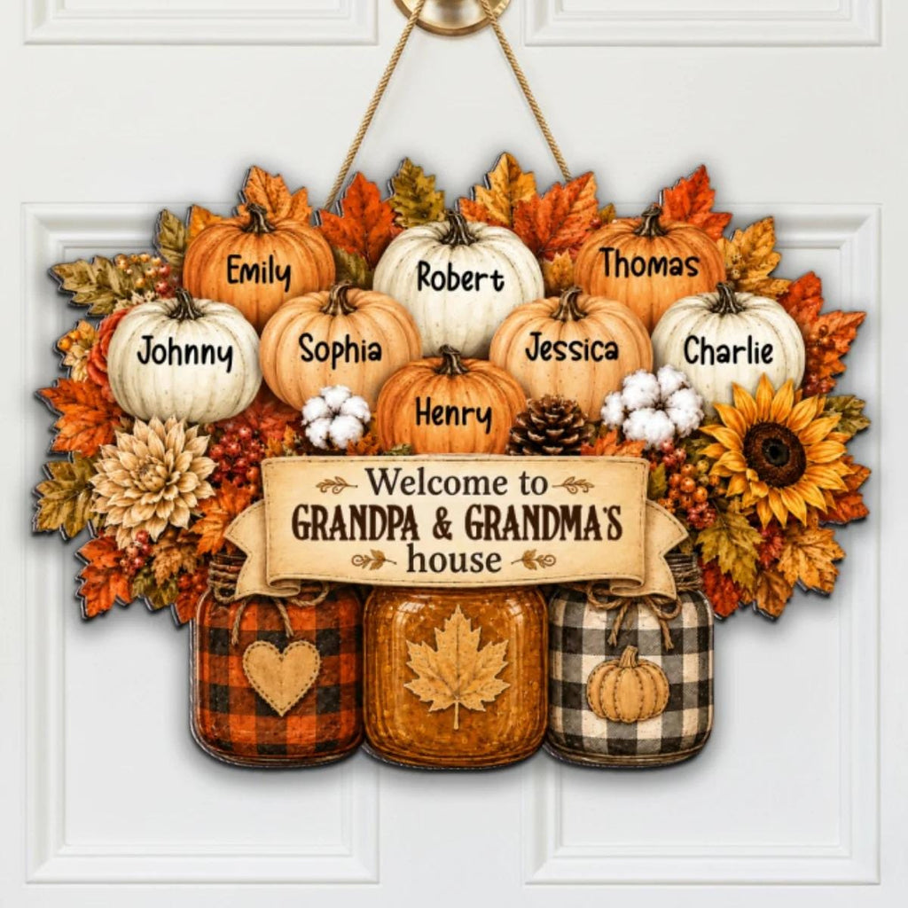Personalized Cozy Warm Fall Season Mason Jars Pumpkins Welcome To Grandma Grandpa House Wood Sign, Fall Decoration For Grandparents
