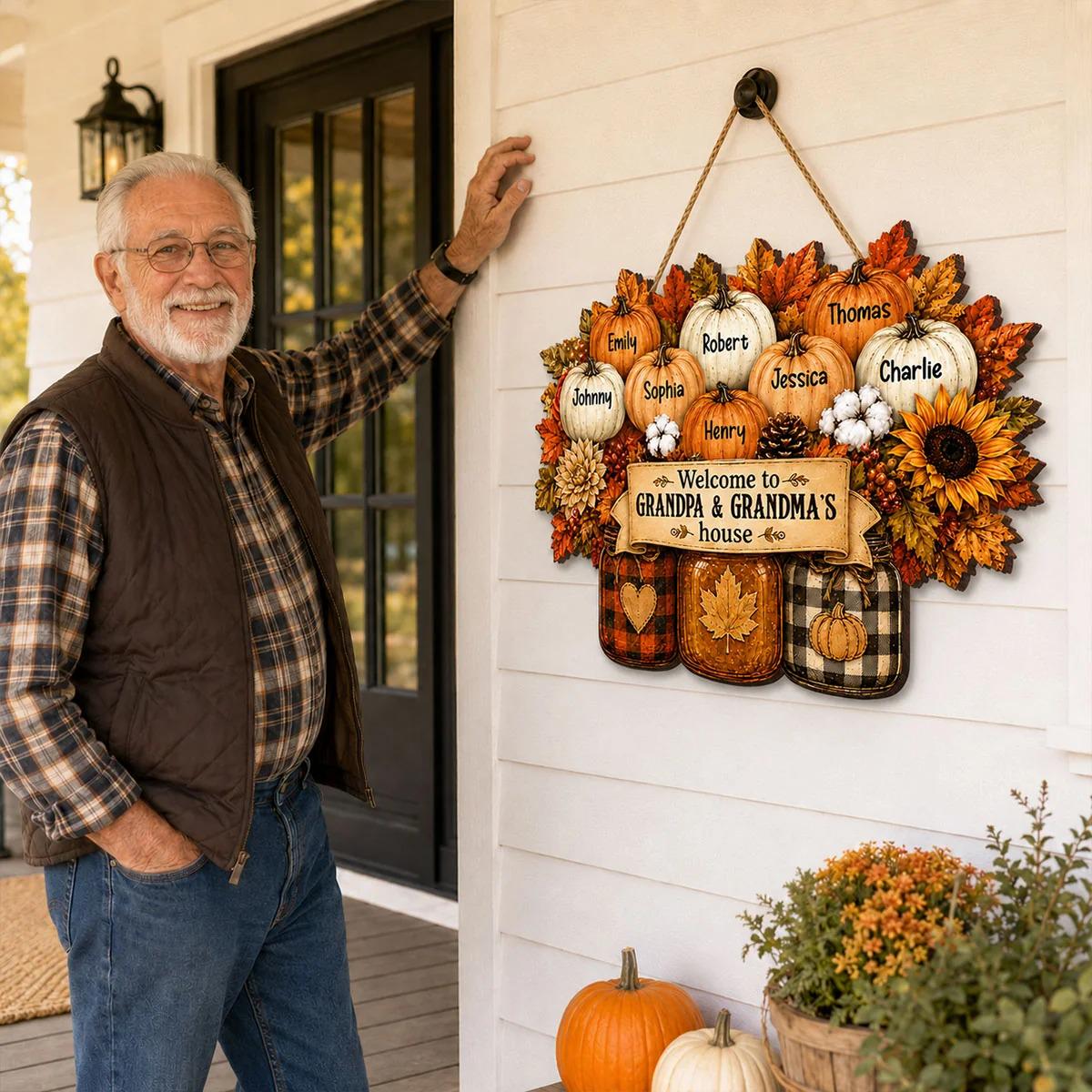 Personalized Cozy Warm Fall Season Mason Jars Pumpkins Welcome To Grandma Grandpa House Wood Sign, Fall Decoration For Grandparents