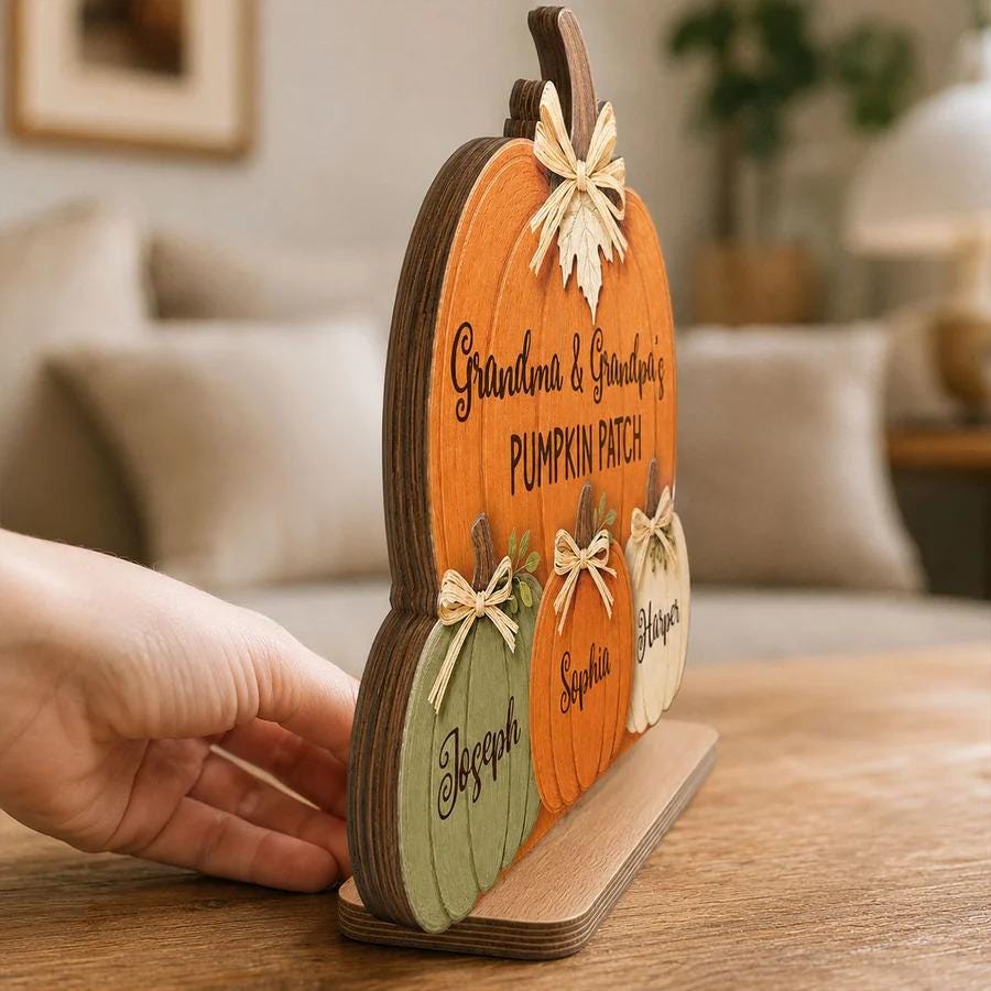 Personalized Grandma & Grandpa's Pumpkin 2-Layered Wooden Plaque, Fall Season Decor For Grandparents