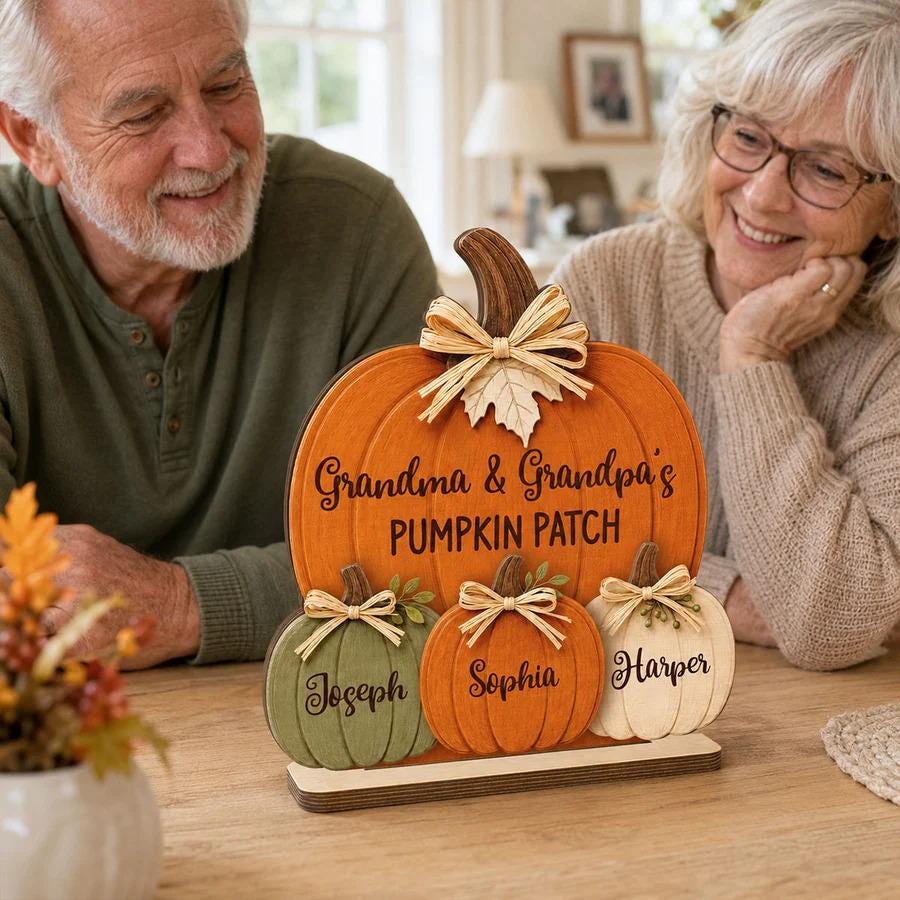 Personalized Grandma & Grandpa's Pumpkin 2-Layered Wooden Plaque, Fall Season Decor For Grandparents