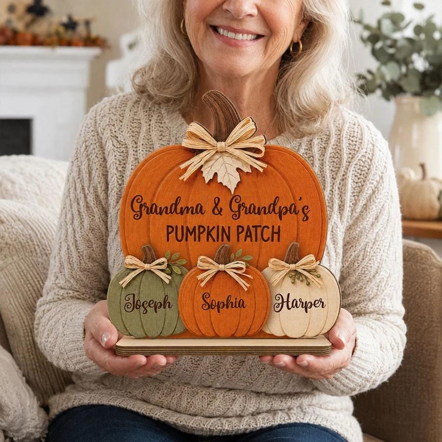 Personalized Grandma & Grandpa's Pumpkin 2-Layered Wooden Plaque, Fall Season Decor For Grandparents