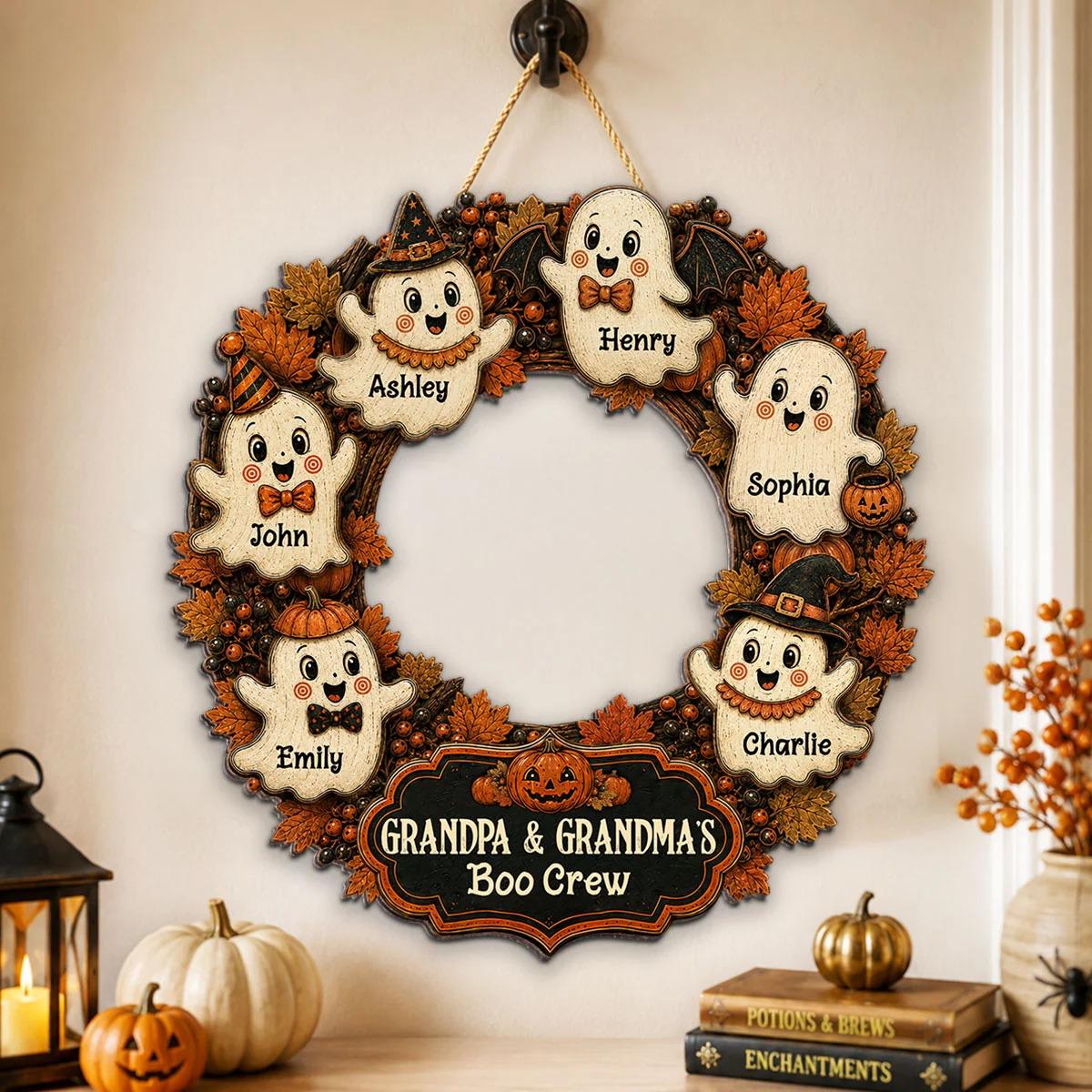 Personalized Halloween Wreath Grandma Grandpa's Boo Crew Wood Sign, Halloween Decoration For Grandparents