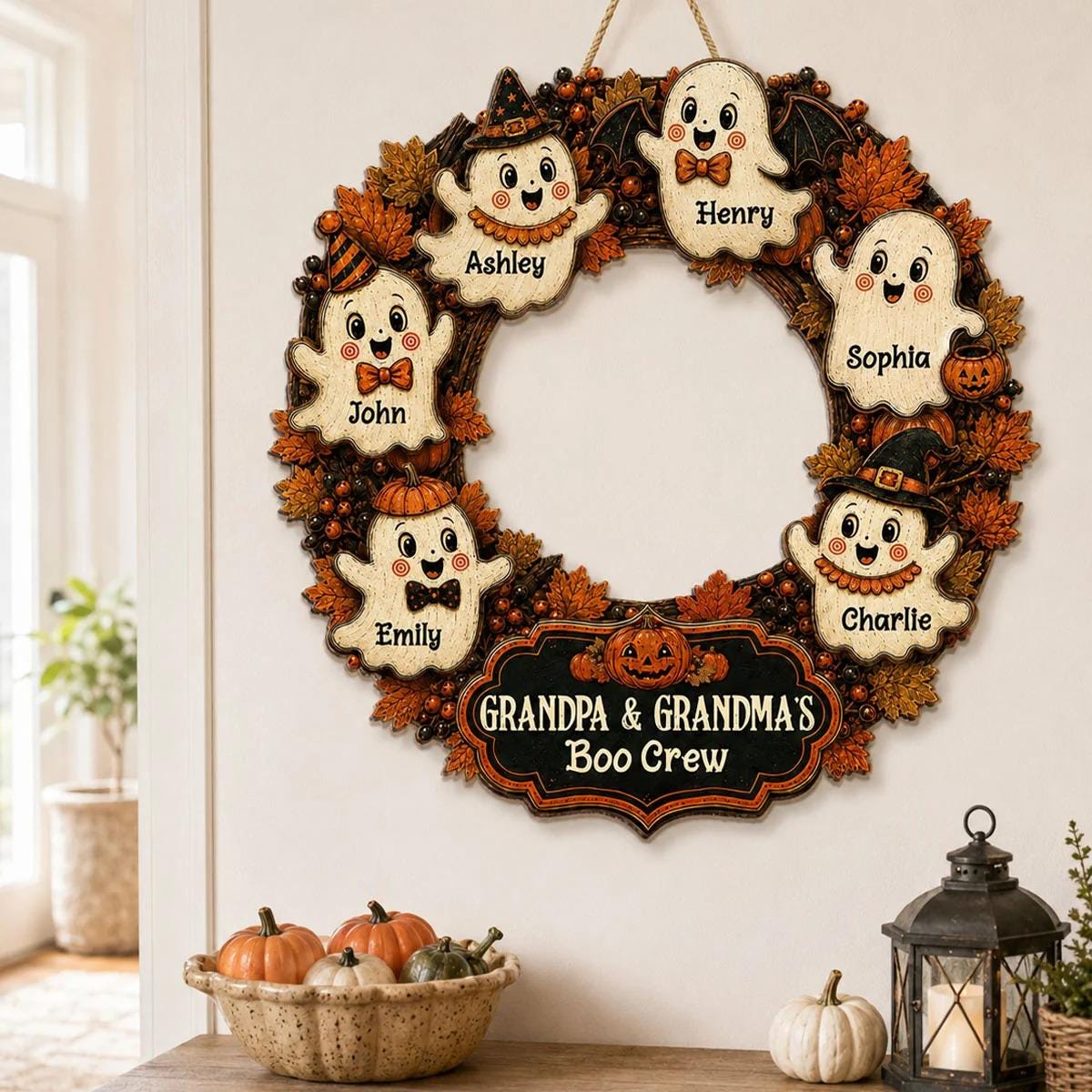 Personalized Halloween Wreath Grandma Grandpa's Boo Crew Wood Sign, Halloween Decoration For Grandparents