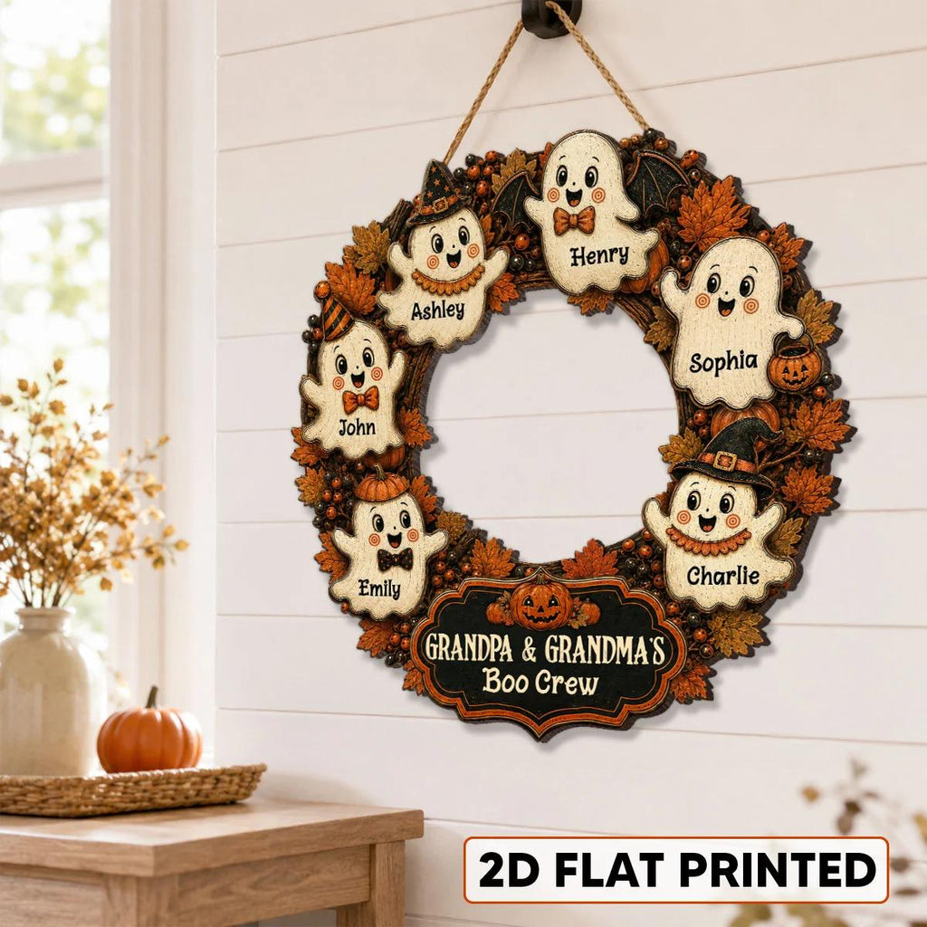 Personalized Halloween Wreath Grandma Grandpa's Boo Crew Wood Sign, Halloween Decoration For Grandparents