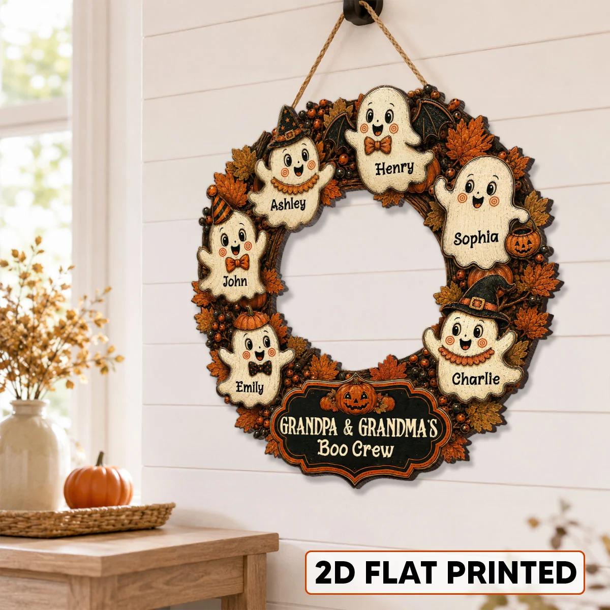 Personalized Halloween Wreath Grandma Grandpa's Boo Crew Wood Sign, Halloween Decoration For Grandparents