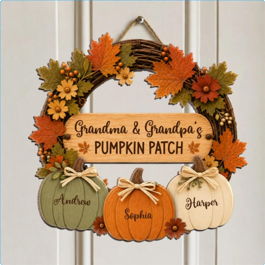 Personalized Grandma Grandpa's Pumpkin Patch Door Hanger, Fall Season Decor For Grandparents
