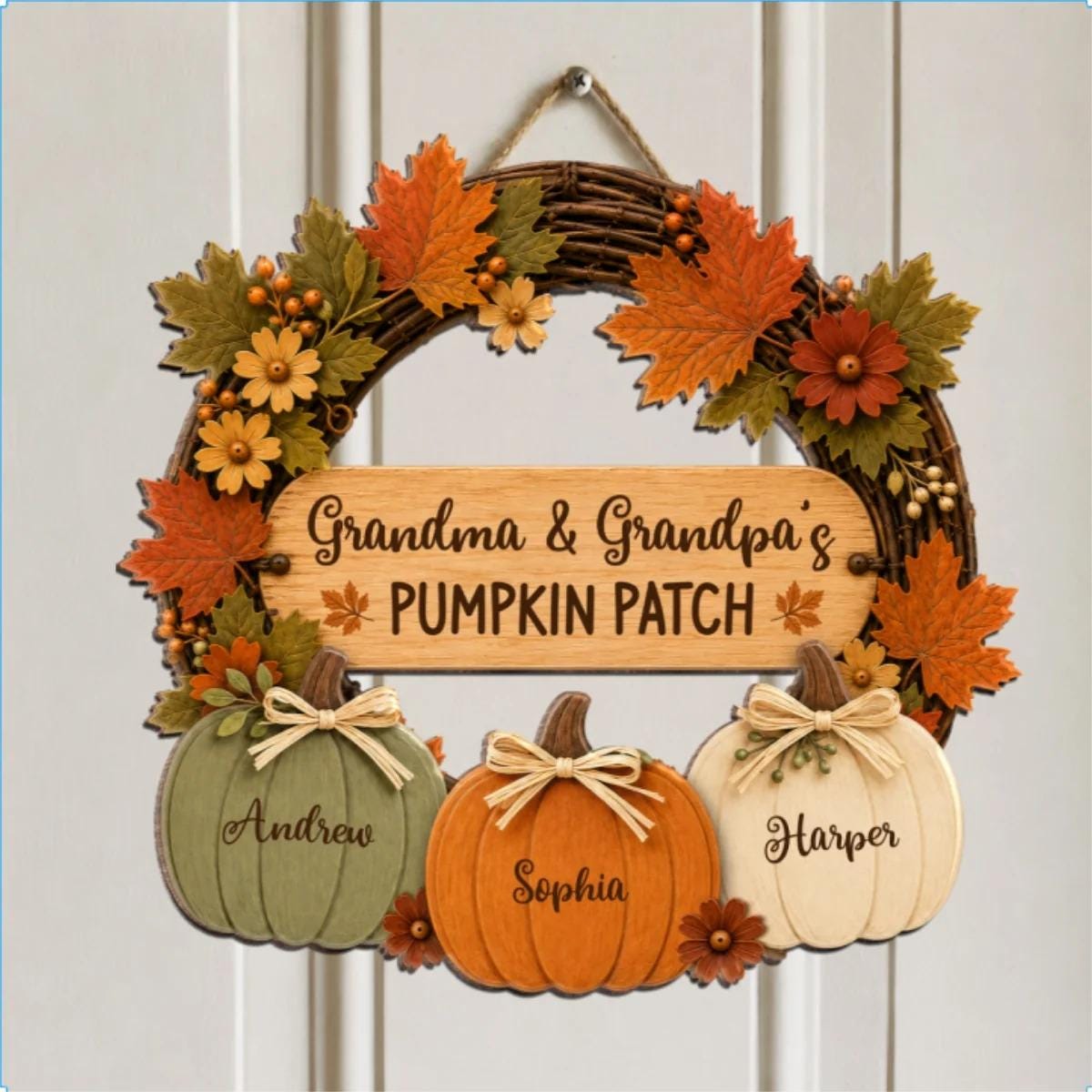 Personalized Grandma Grandpa's Pumpkin Patch Door Hanger, Fall Season Decor For Grandparents