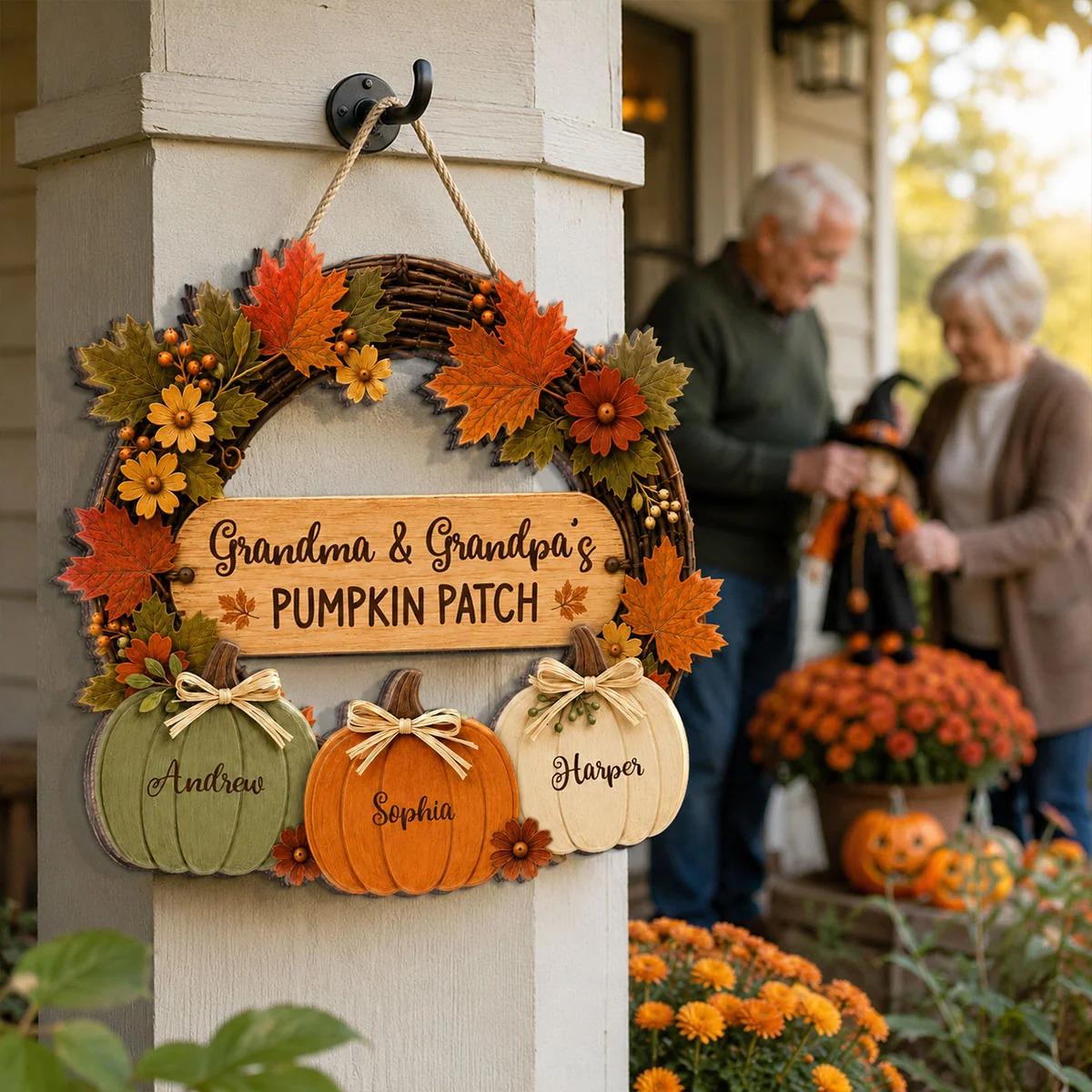 Personalized Grandma Grandpa's Pumpkin Patch Door Hanger, Fall Season Decor For Grandparents
