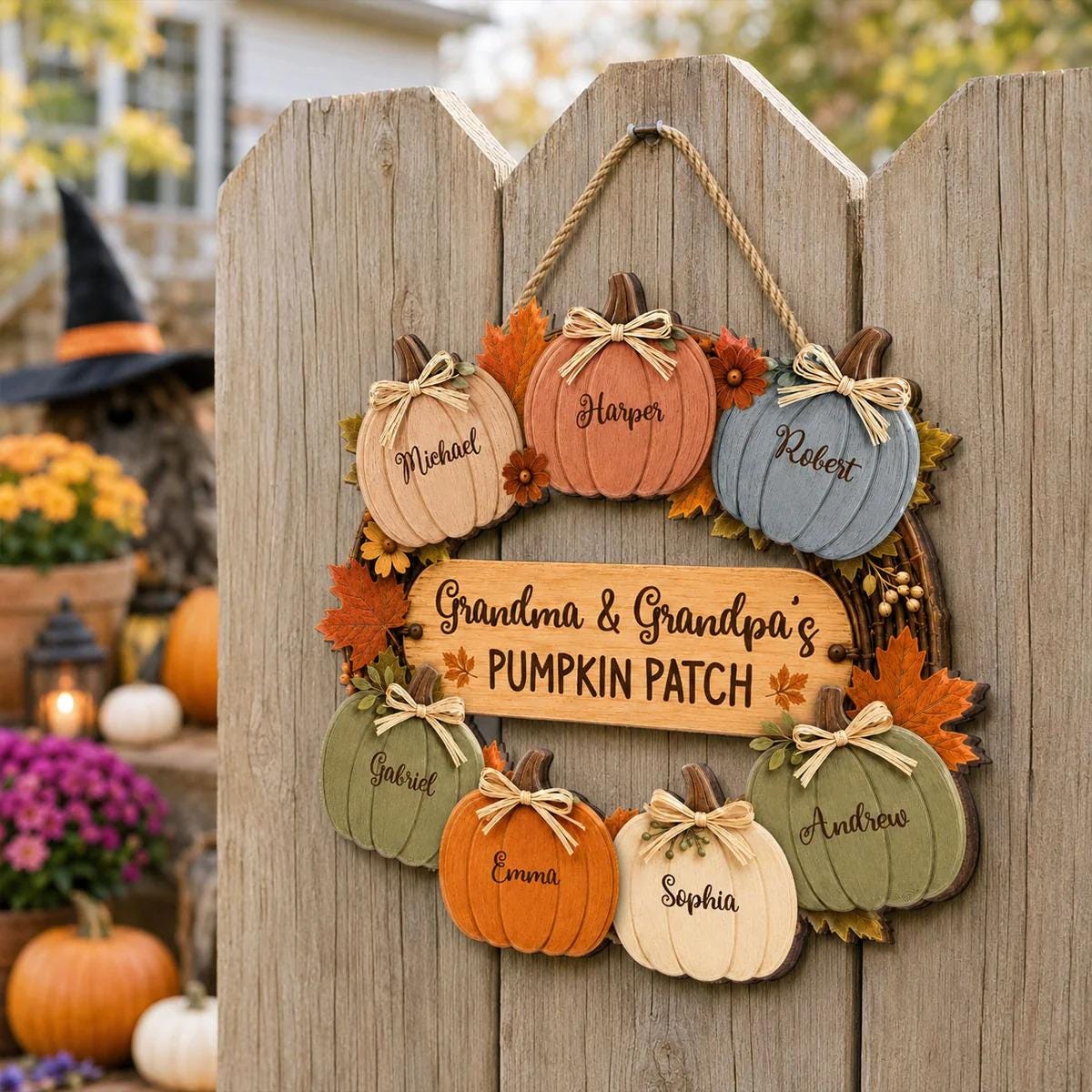 Personalized Grandma Grandpa's Pumpkin Patch Door Hanger, Fall Season Decor For Grandparents
