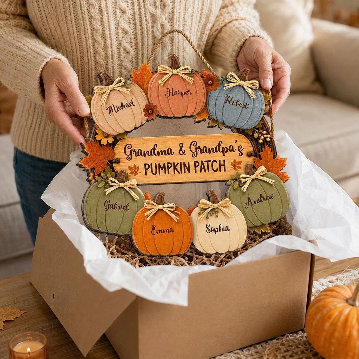 Personalized Grandma Grandpa's Pumpkin Patch Door Hanger, Fall Season Decor For Grandparents