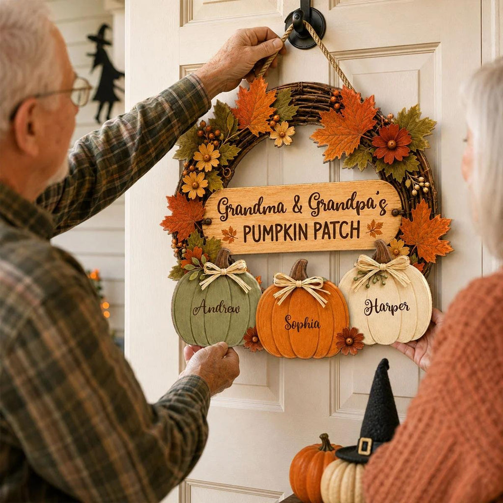 Personalized Grandma Grandpa's Pumpkin Patch Door Hanger, Fall Season Decor For Grandparents