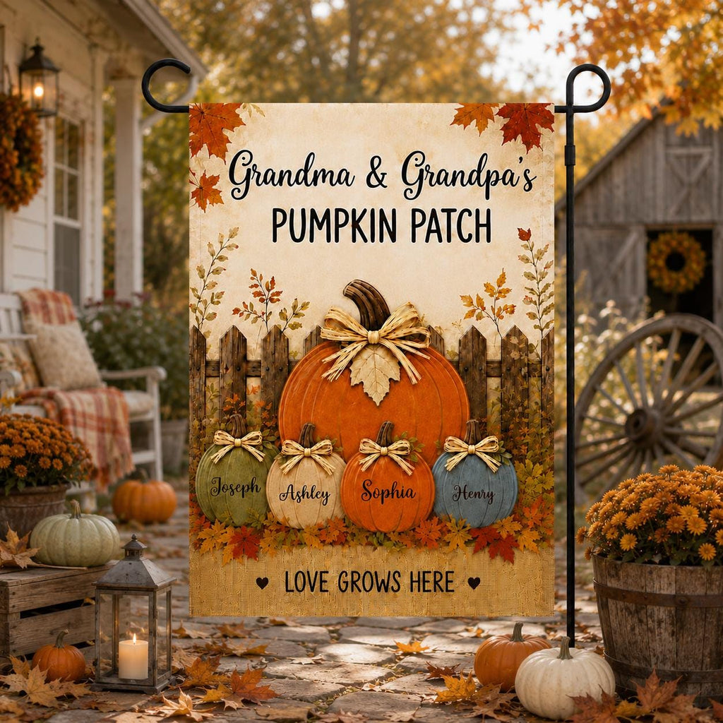 Personalized Fall Garden Flag, Grandma Grandpa Pumpkin Patch Sign, Custom Family Names, Autumn Porch Decor