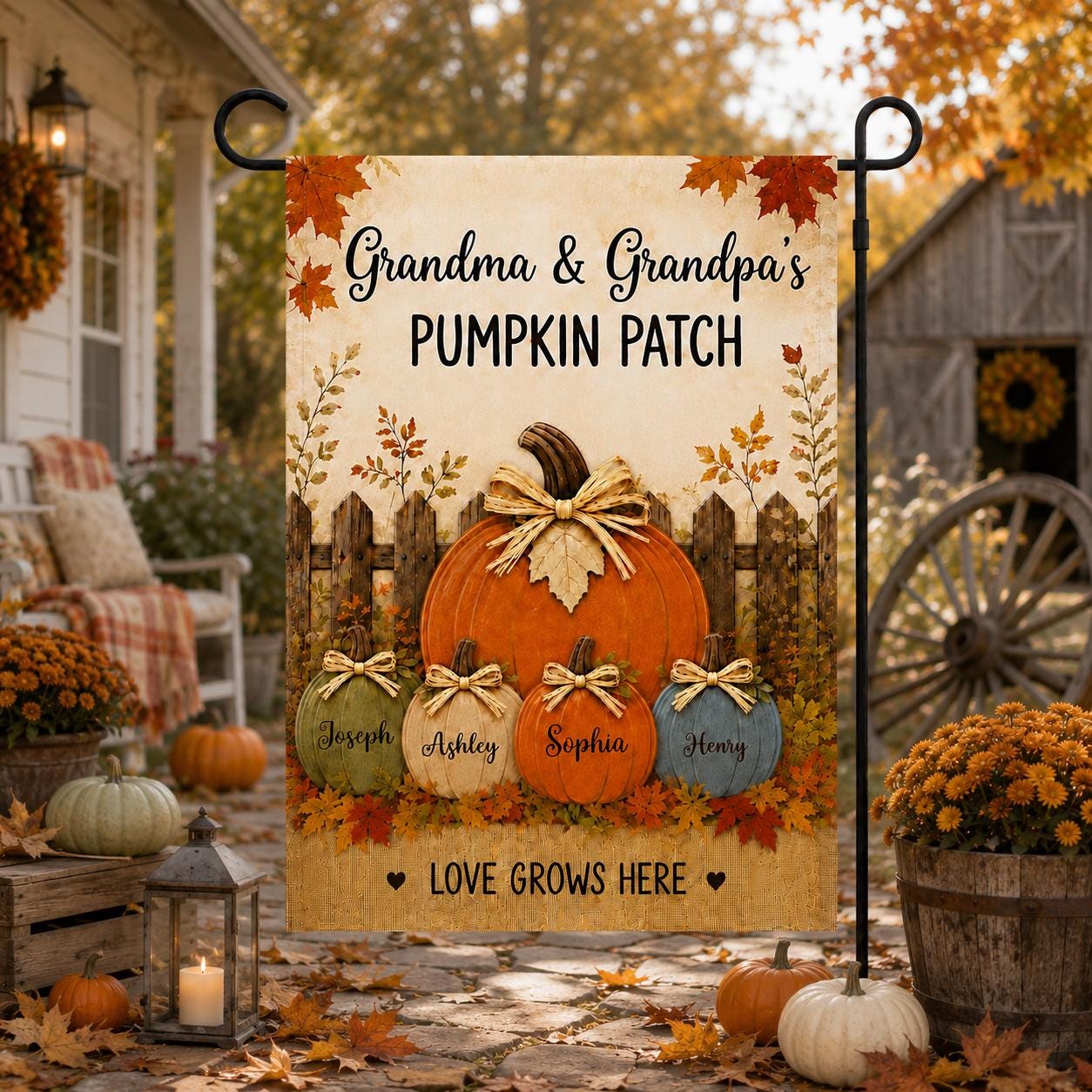Personalized Fall Garden Flag, Grandma Grandpa Pumpkin Patch Sign, Custom Family Names, Autumn Porch Decor