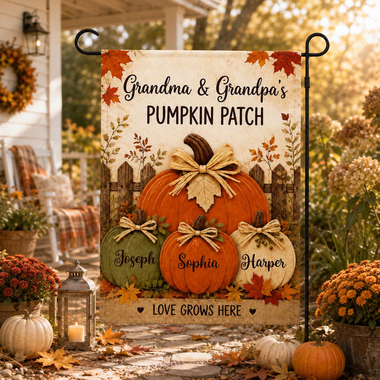 Personalized Fall Garden Flag, Grandma Grandpa Pumpkin Patch Sign, Custom Family Names, Autumn Porch Decor