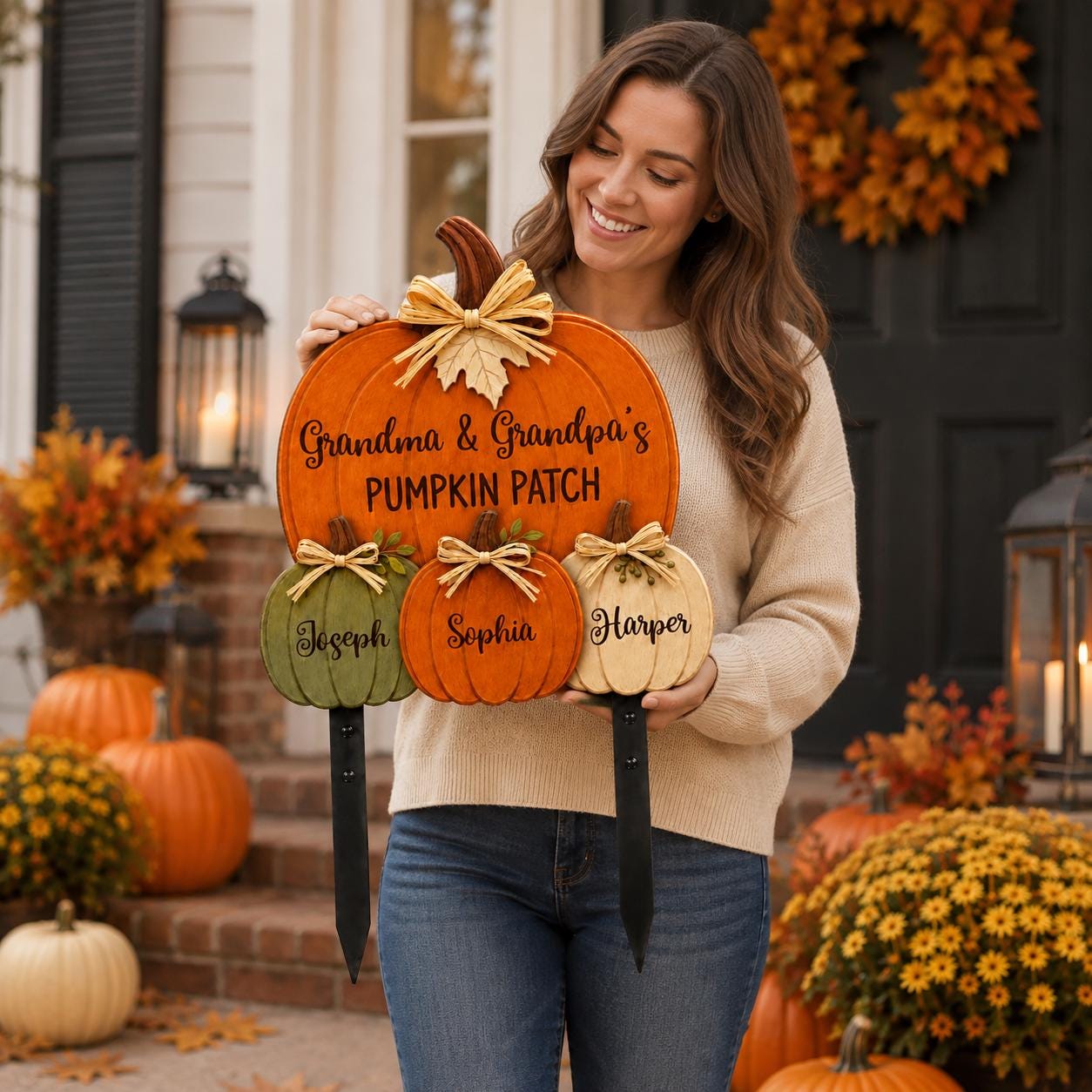 Grandma Grandpa Pumpkin Patch Custom Shape Garden Metal Sign, Personalized Fall Yard Sign, Autumn Porch Decor