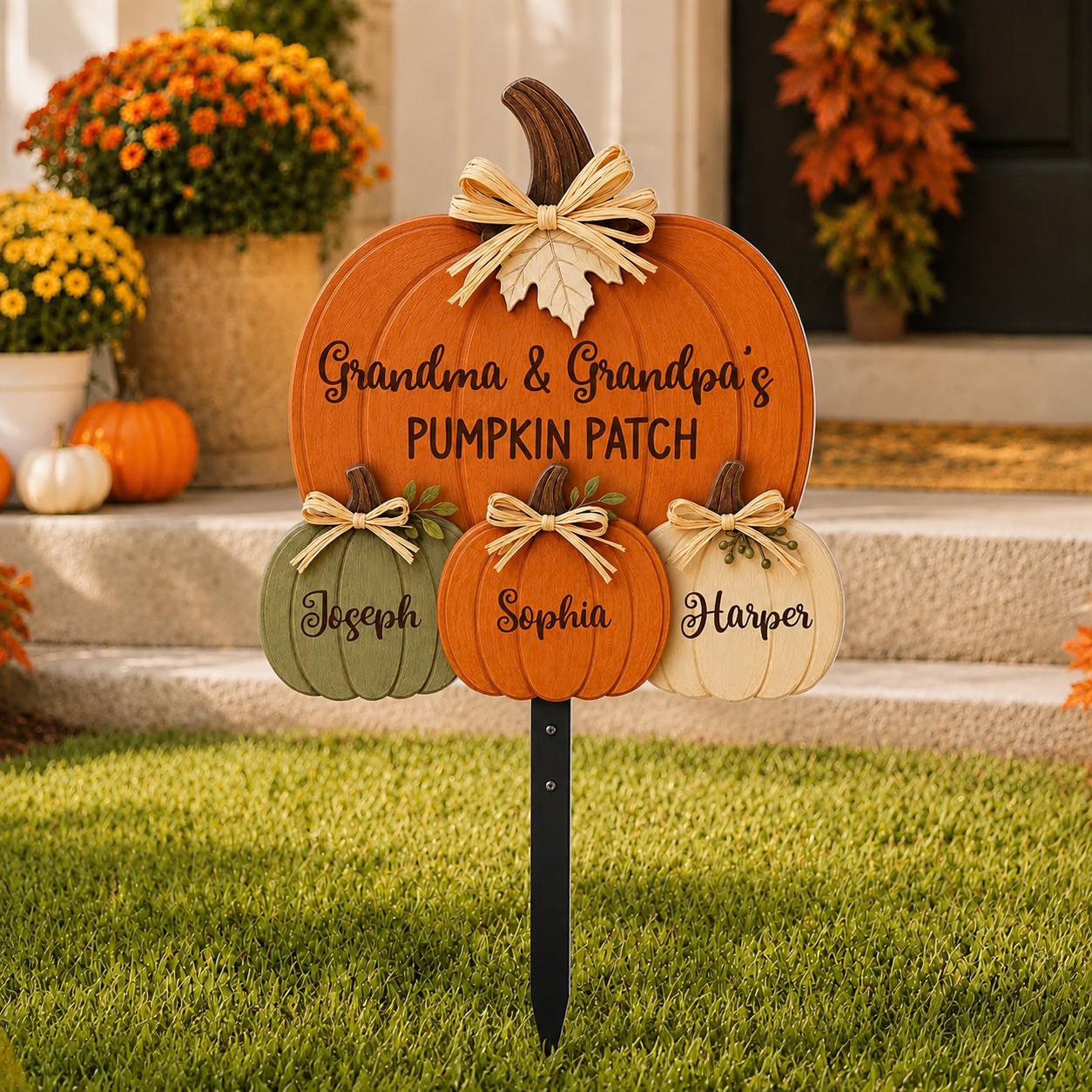 Grandma Grandpa Pumpkin Patch Custom Shape Garden Metal Sign, Personalized Fall Yard Sign, Autumn Porch Decor