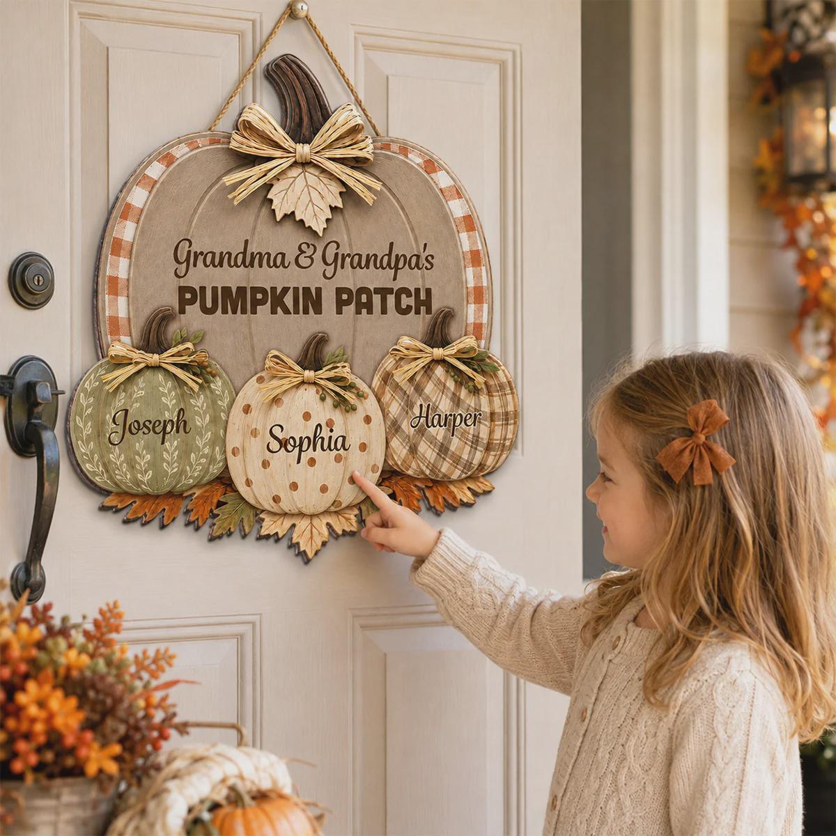 Personalized Grandma & Grandpa's Pumpkin Patch Polka Dot Leopard Plaid Pattern Door Hanger, Fall Season Decor For Grandparents
