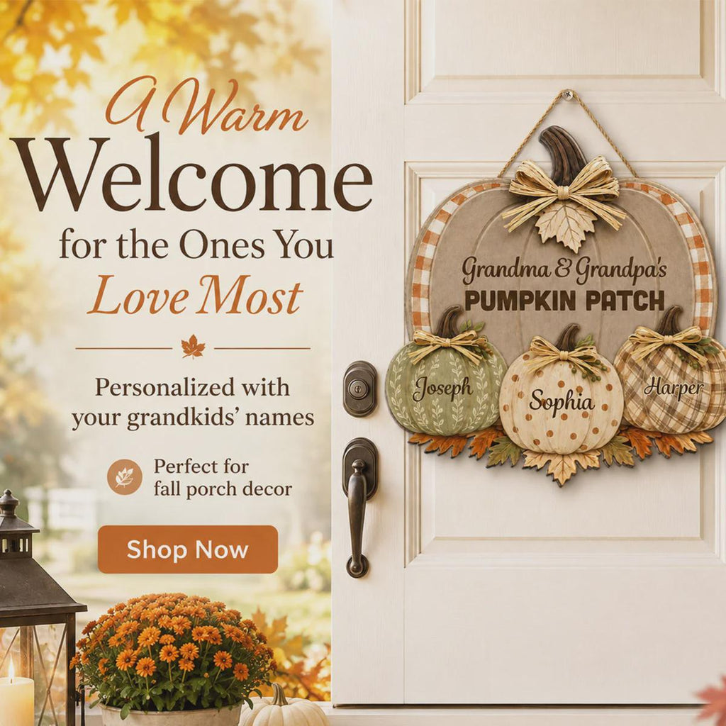 Personalized Grandma & Grandpa's Pumpkin Patch Polka Dot Leopard Plaid Pattern Door Hanger, Fall Season Decor For Grandparents