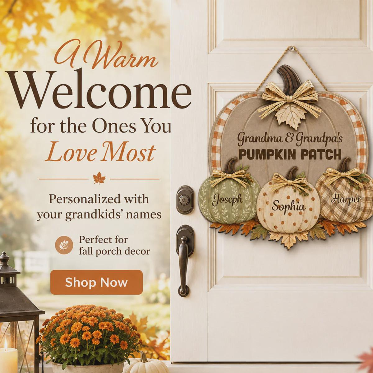 Personalized Grandma & Grandpa's Pumpkin Patch Polka Dot Leopard Plaid Pattern Door Hanger, Fall Season Decor For Grandparents