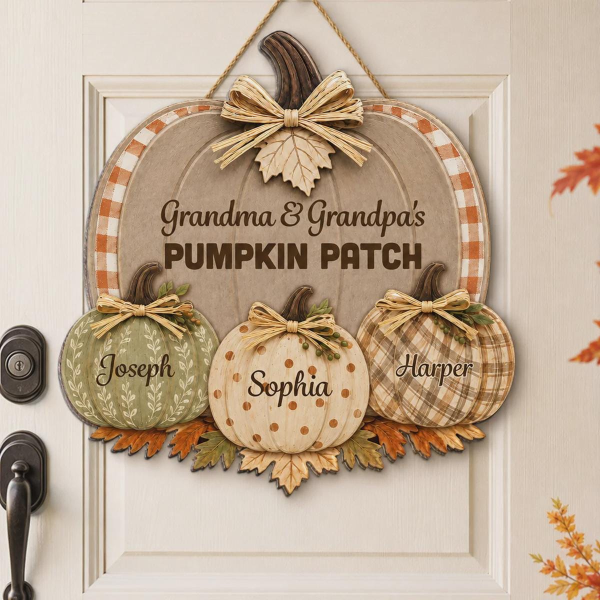 Personalized Grandma & Grandpa's Pumpkin Patch Polka Dot Leopard Plaid Pattern Door Hanger, Fall Season Decor For Grandparents