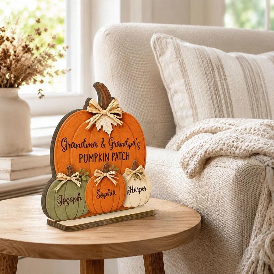 Personalized Grandma & Grandpa's Pumpkin 2-Layered Wooden Plaque, Fall Season Decor For Grandparents
