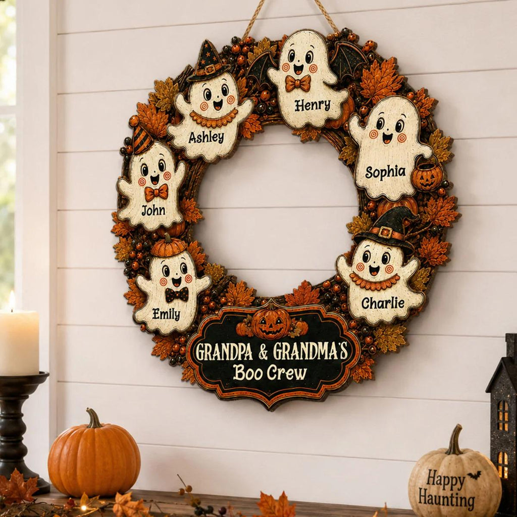 Personalized Halloween Wreath Grandma Grandpa's Boo Crew Wood Sign, Halloween Decoration For Grandparents