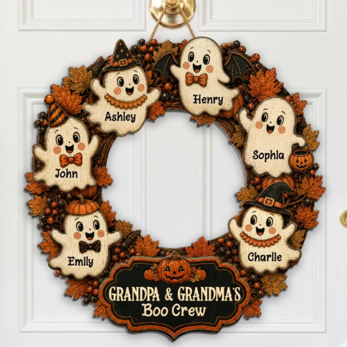Personalized Halloween Wreath Grandma Grandpa's Boo Crew Wood Sign, Halloween Decoration For Grandparents