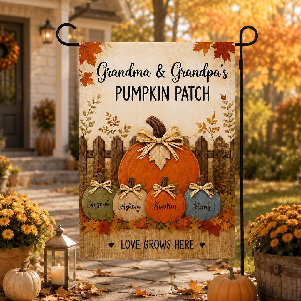 Personalized Fall Garden Flag, Grandma Grandpa Pumpkin Patch Sign, Custom Family Names, Autumn Porch Decor