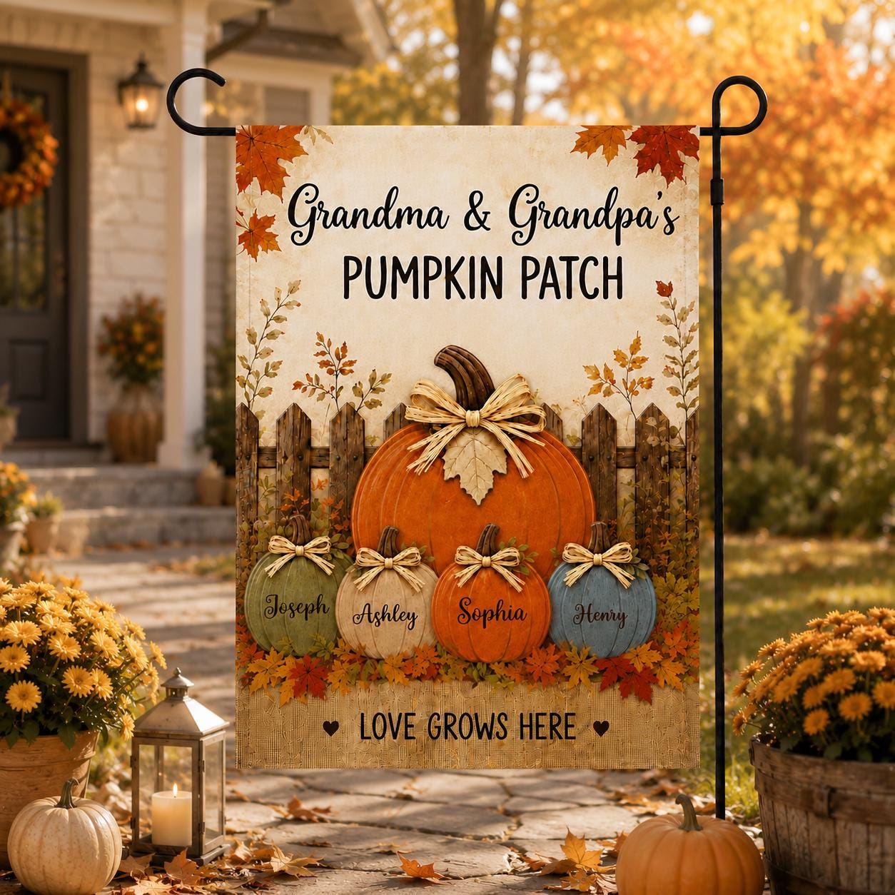 Personalized Fall Garden Flag, Grandma Grandpa Pumpkin Patch Sign, Custom Family Names, Autumn Porch Decor