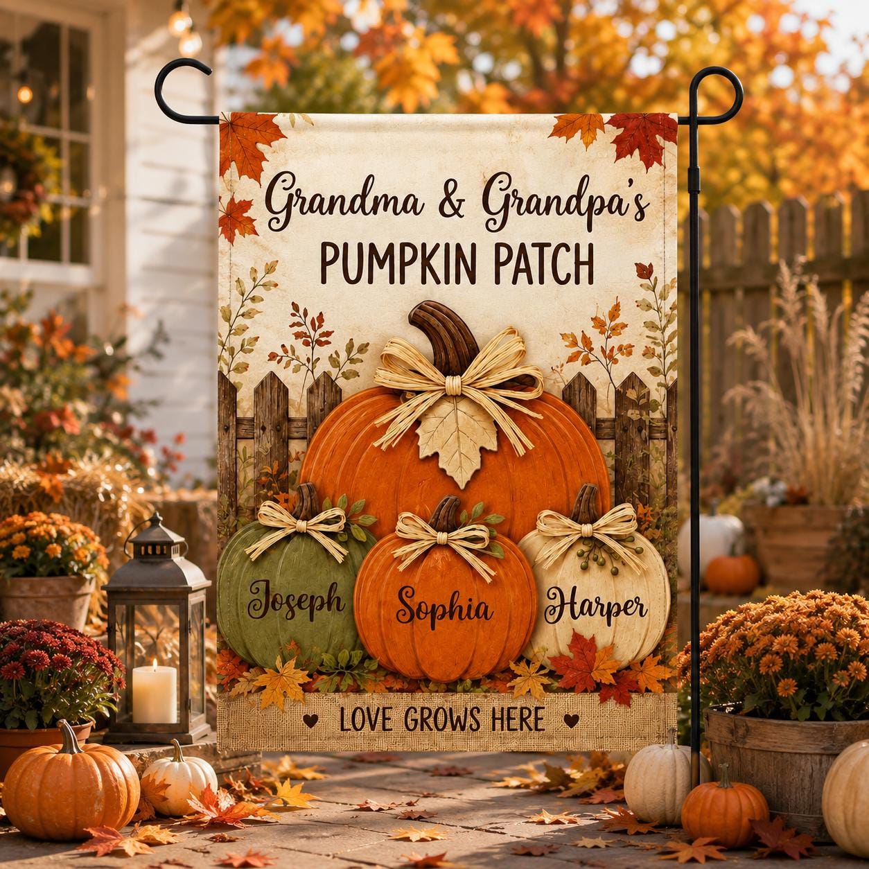 Personalized Fall Garden Flag, Grandma Grandpa Pumpkin Patch Sign, Custom Family Names, Autumn Porch Decor