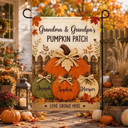 Personalized Fall Garden Flag, Grandma Grandpa Pumpkin Patch Sign, Custom Family Names, Autumn Porch Decor