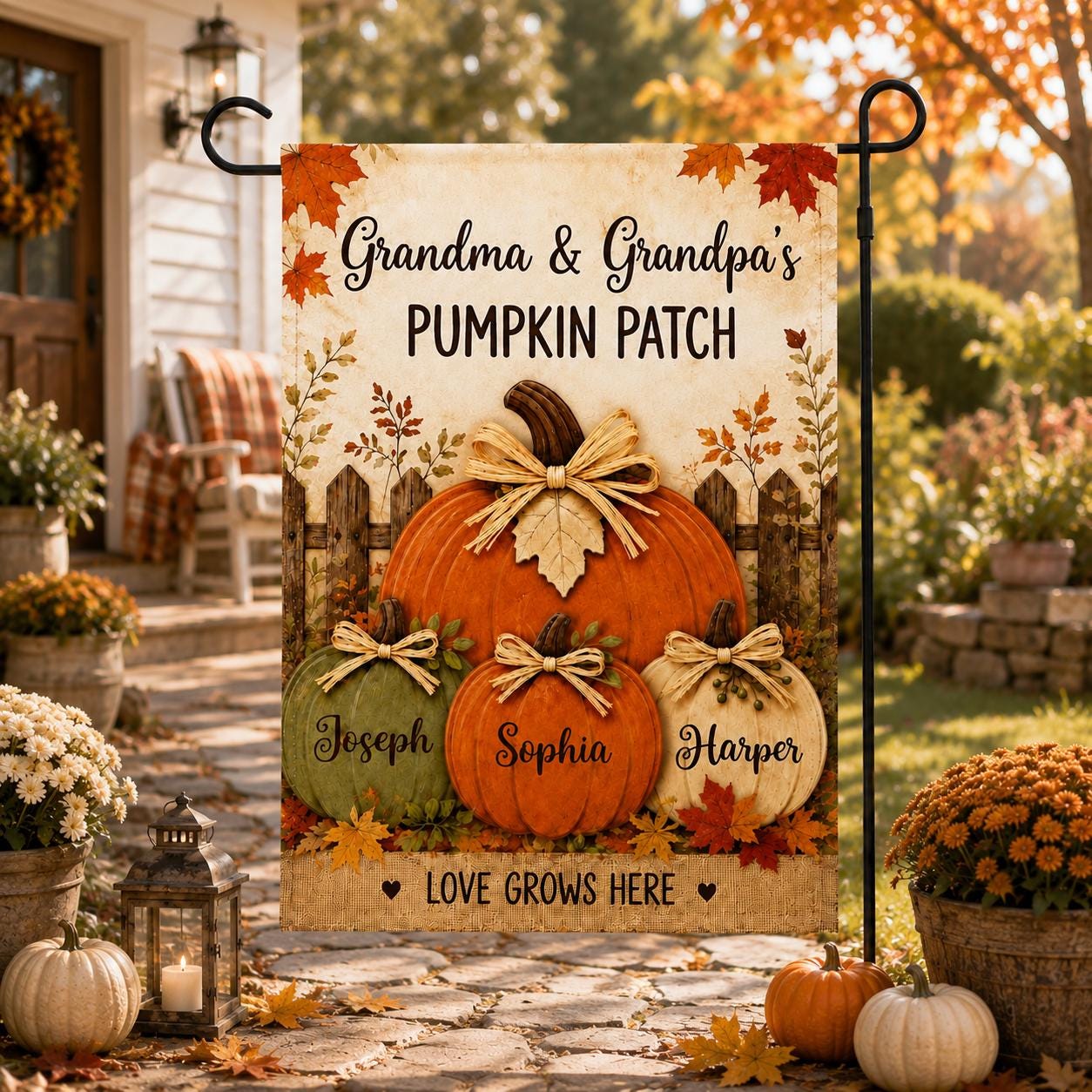 Personalized Fall Garden Flag, Grandma Grandpa Pumpkin Patch Sign, Custom Family Names, Autumn Porch Decor