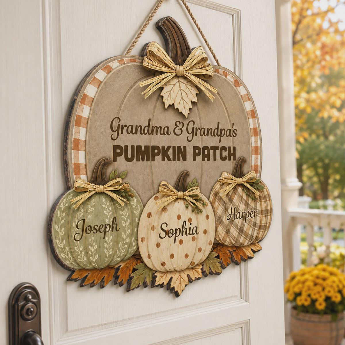 Personalized Grandma & Grandpa's Pumpkin Patch Polka Dot Leopard Plaid Pattern Door Hanger, Fall Season Decor For Grandparents