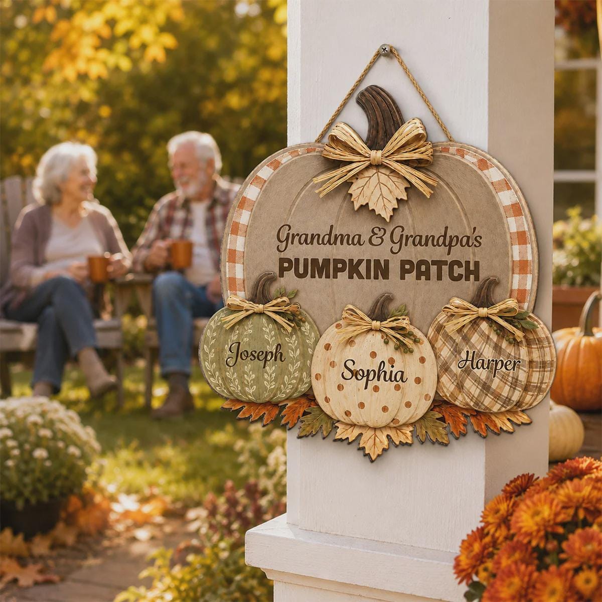 Personalized Grandma & Grandpa's Pumpkin Patch Polka Dot Leopard Plaid Pattern Door Hanger, Fall Season Decor For Grandparents