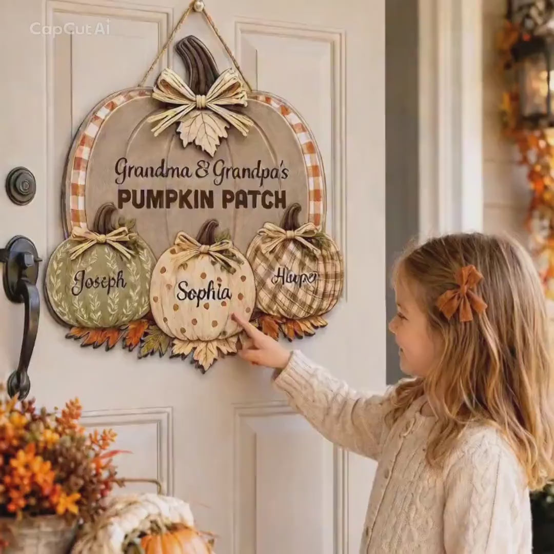Personalized Grandma & Grandpa's Pumpkin Patch Polka Dot Leopard Plaid Pattern Door Hanger, Fall Season Decor For Grandparents