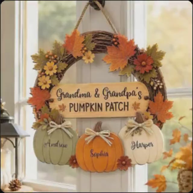 Personalized Grandma Grandpa's Pumpkin Patch Door Hanger, Fall Season Decor For Grandparents