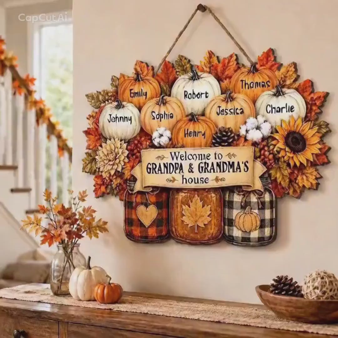 Personalized Cozy Warm Fall Season Mason Jars Pumpkins Welcome To Grandma Grandpa House Wood Sign, Fall Decoration For Grandparents